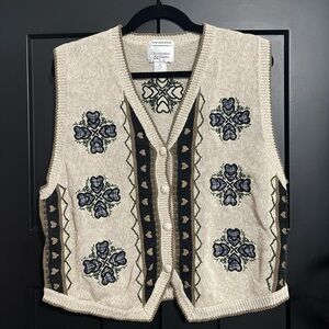Christopher & Banks Beige Knit Vest with Embroidered Heart Design